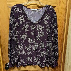 Calvin Klein Burgundy/Plum Floral V-neck Blouse